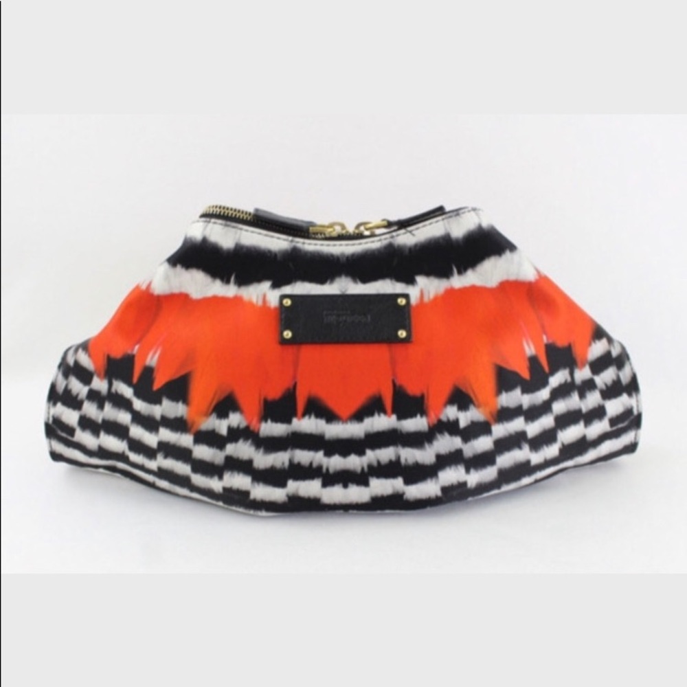Alexander McQueen Auth Black, White Orange De Manta Feather Print Clutch Handbag